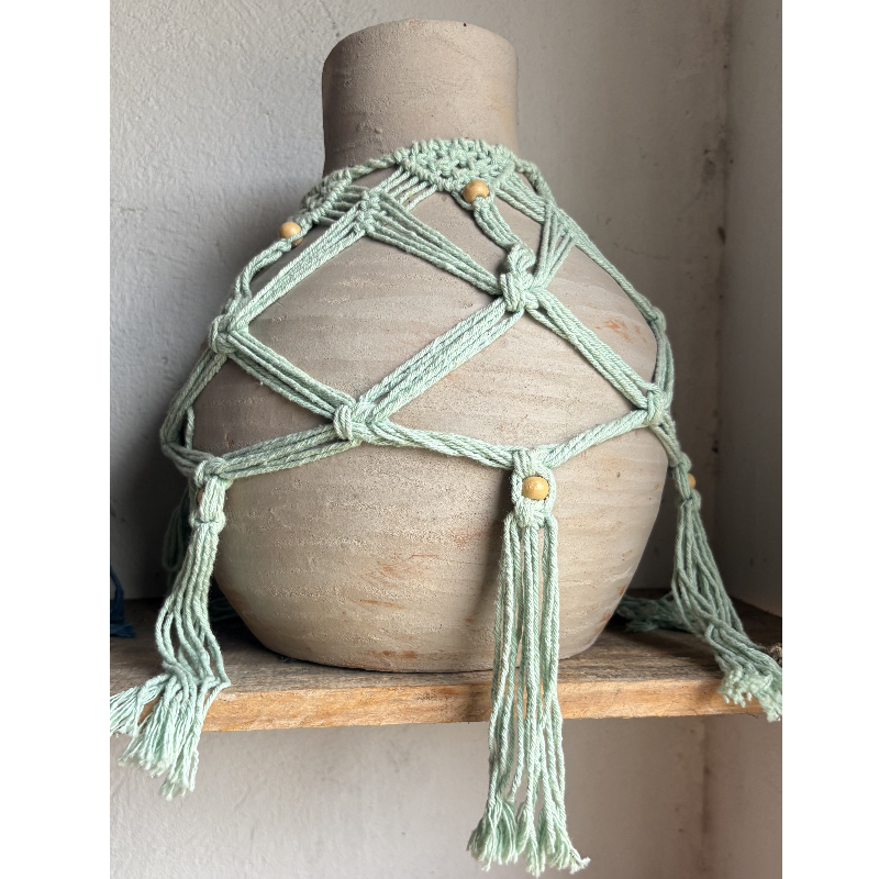 clay vase oval design with rustic crochet ocean olaria sb - raffia objects home decor