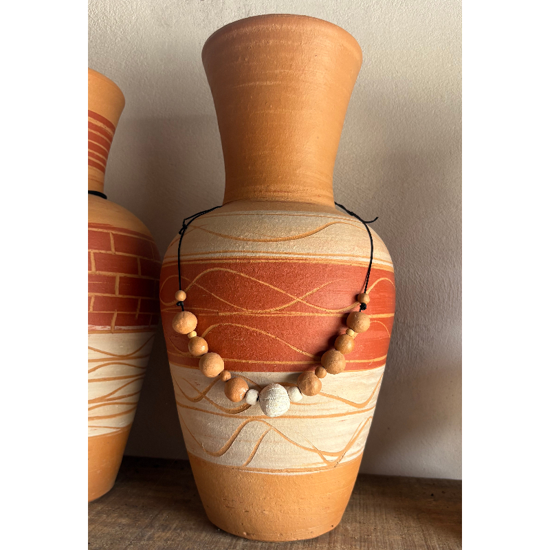 clay vase with ceramic necklace indigenous design olaria sb - raffia objects home decor
