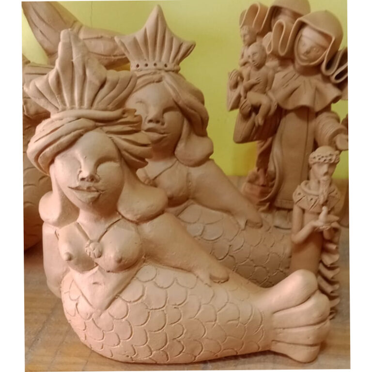 Curvy Mermaid Queen of the Sea Clay Sculpture – Handmade Brazilian Folk Art Decor Olaria MN - raffia objects home decor