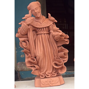 Handmade clay sculpture of Saint Francis of Assisi crafted by Olaria Caxixis, featuring artisan Catholic religious art and Christian home decor. - raffia objects home decor