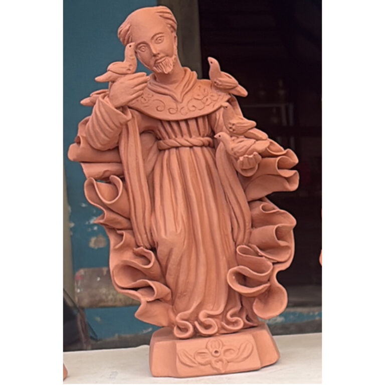 Handmade clay sculpture of Saint Francis of Assisi crafted by Olaria Caxixis, featuring artisan Catholic religious art and Christian home decor. - raffia objects home decor